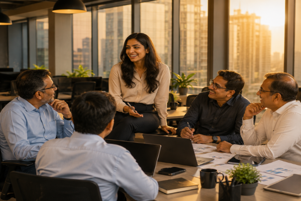 Young team lead standing at a whiteboard while older colleagues sit at a table