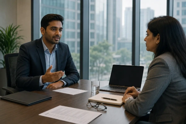 Candidate in job interview facing HR across a table