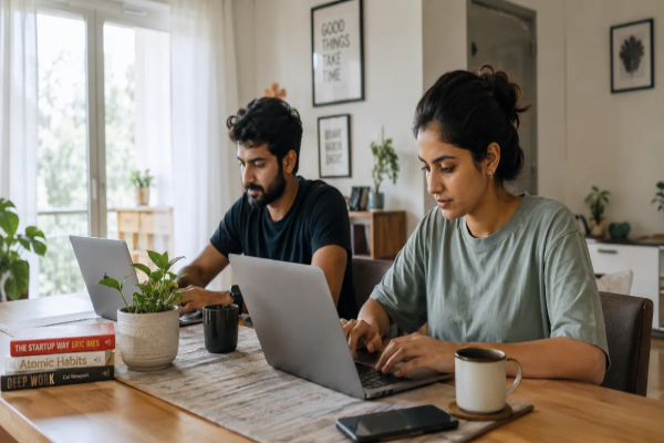 Two colleagues at a startup office working at adjacent desks