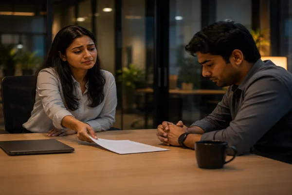 Young team lead standing at a whiteboard while older colleagues sit at a table