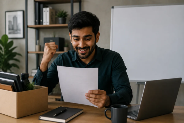 Person working focused at laptop after a layoff