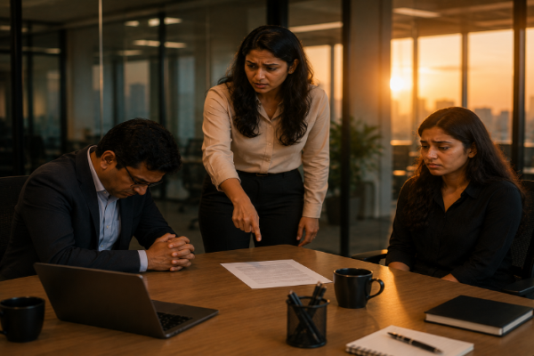Young team lead standing at a whiteboard while older colleagues sit at a table