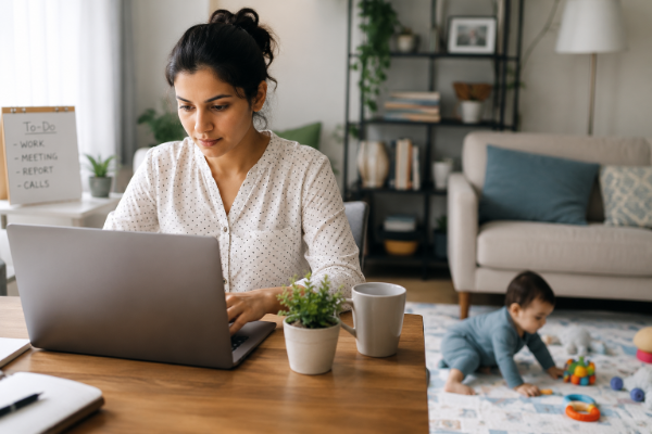 Woman working at a laptop at home with a baby nearby