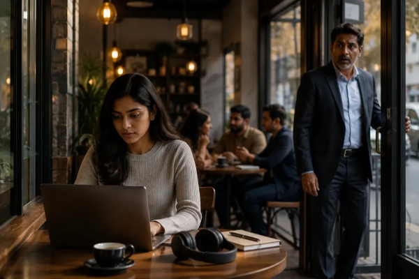 Person working from a café table with a laptop and coffee
